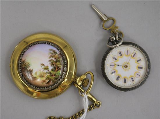 A modern Russian gilt metal and enamel pocket watch and an earlier silver fob watch.